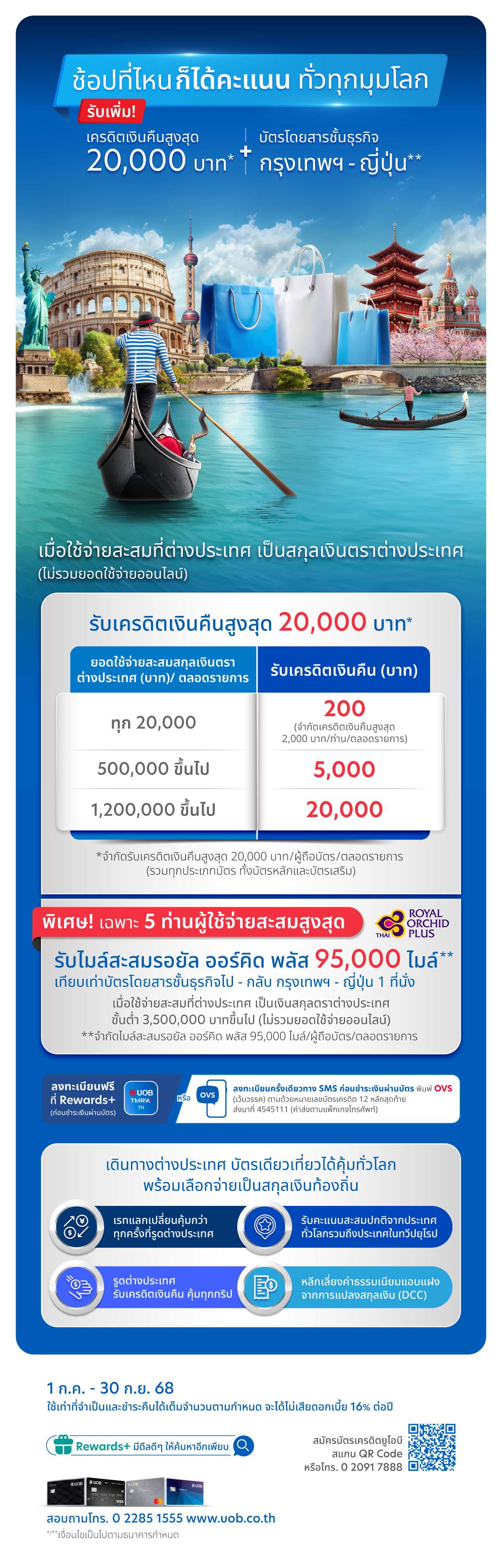 รับเครดิตเงินคืนสูงสุด 20,000 บาท*และรับไมล์สะสมรอยัล ออร์คิด พลัส 95,000 ไมล์** เมื่อใช้จ่ายสะสมที่ต่างประเทศ เป็นสกุลเงินตราต่างประเทศ
