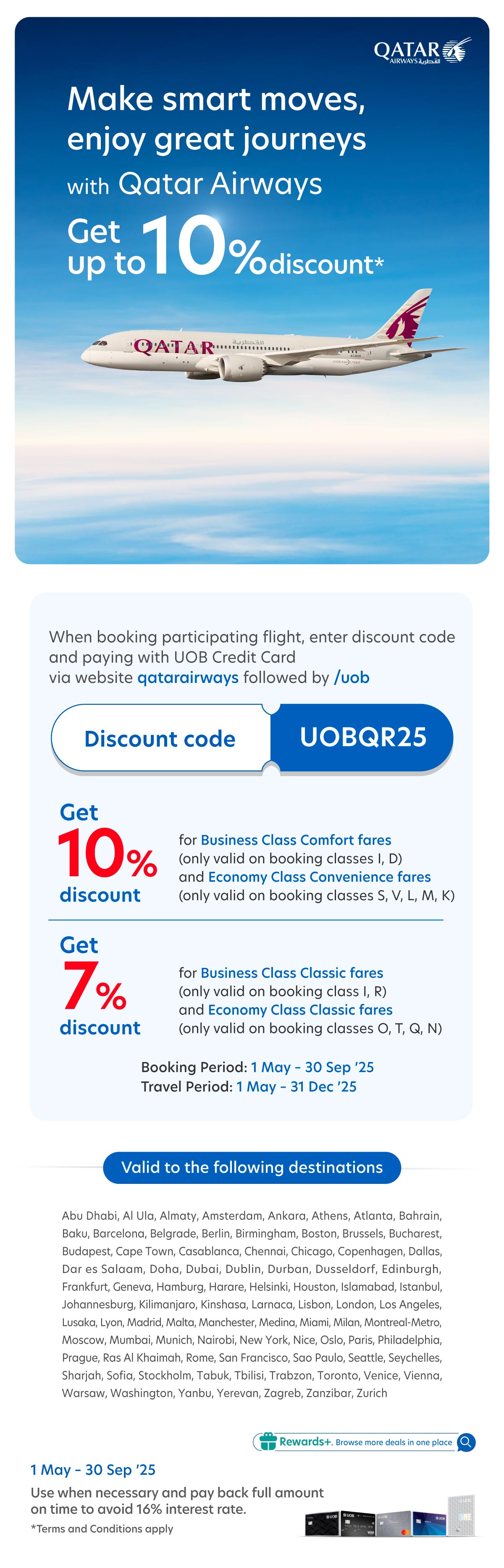 Get up to 10% discount when booking participating flight via Qatar Airways with UOB Credit Card
