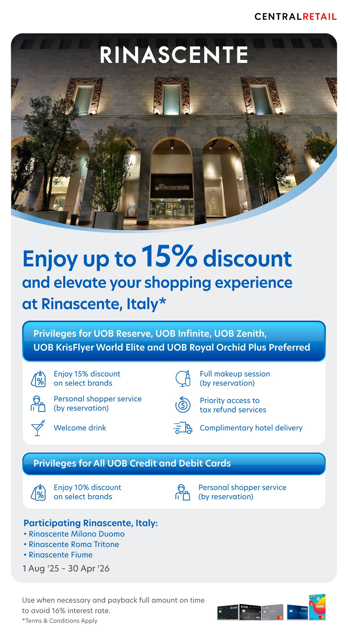 Enjoy up to 15% discount and elevate your shopping experience at Rinascente, Italy