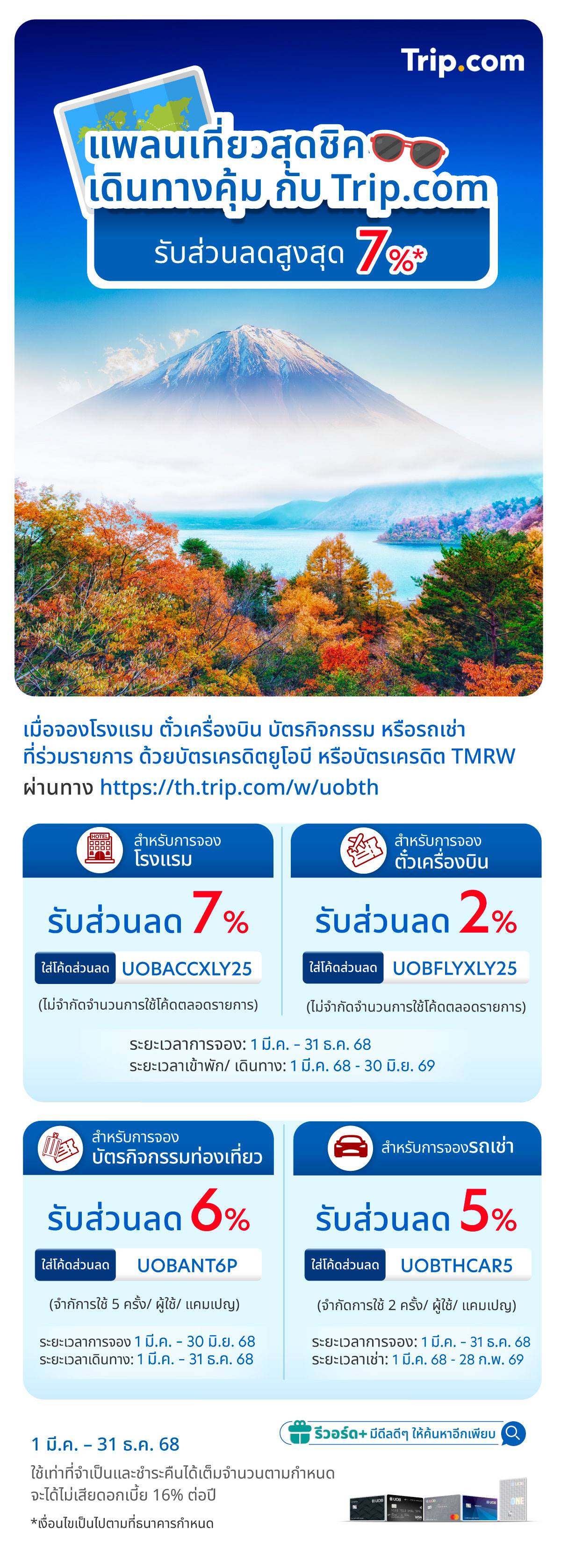 รับส่วนลดสูงสุด 7% เมื่อใช้บริการผ่านทางเว็บไซต์ Trip.com และจ่ายด้วยบัตรเครดิตยูโอบี หรือบัตรเครดิต TMRW