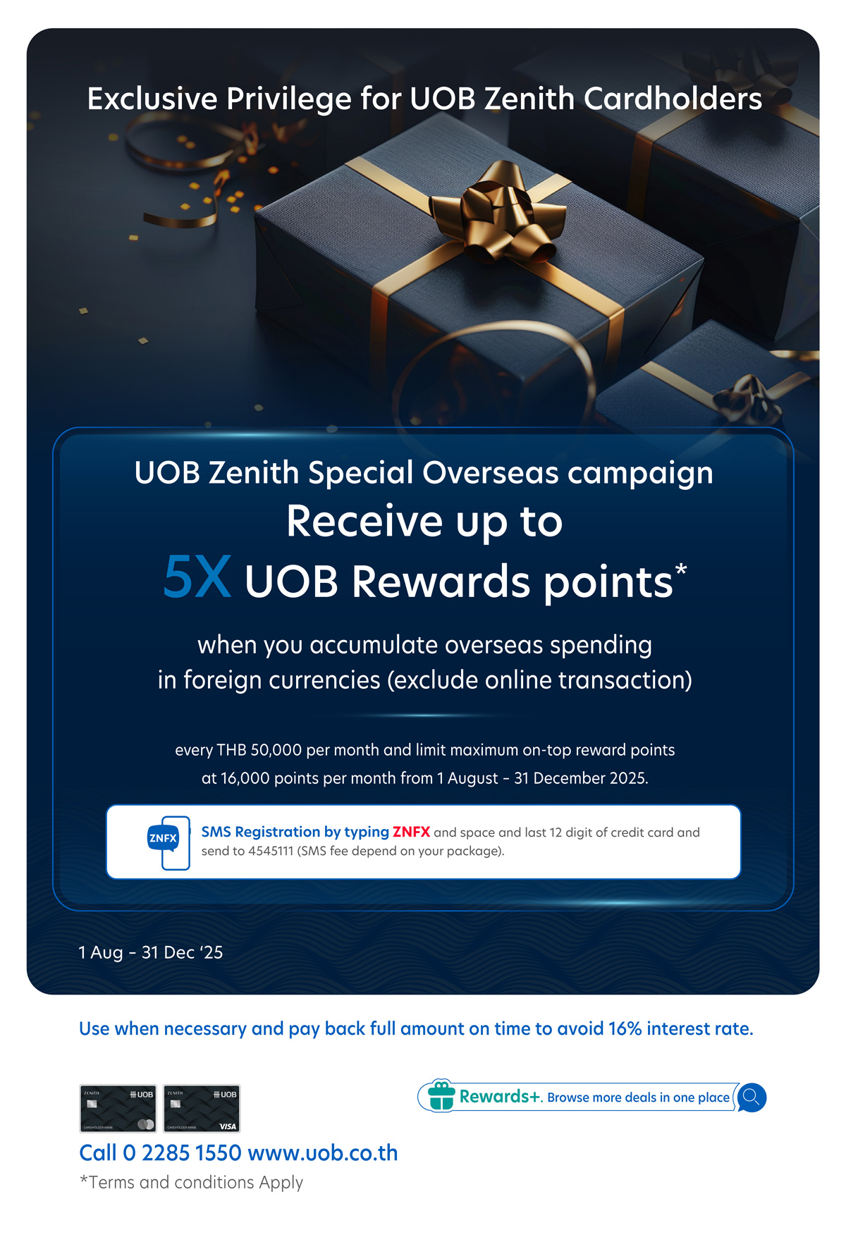 Exclusive Privilege for UOB Zenith Cardholder, receive 5X UOB Rewards points when shopping overseas in foreign currencies*